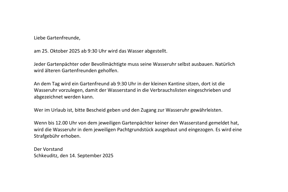 Wasser abstellen im Oktober 2025
